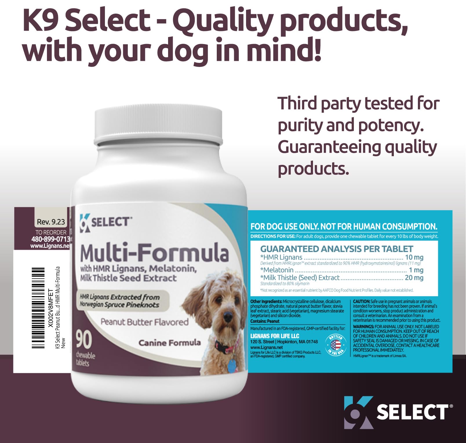 K9 Select 90-tablet bottle ready for convenient daily use.
