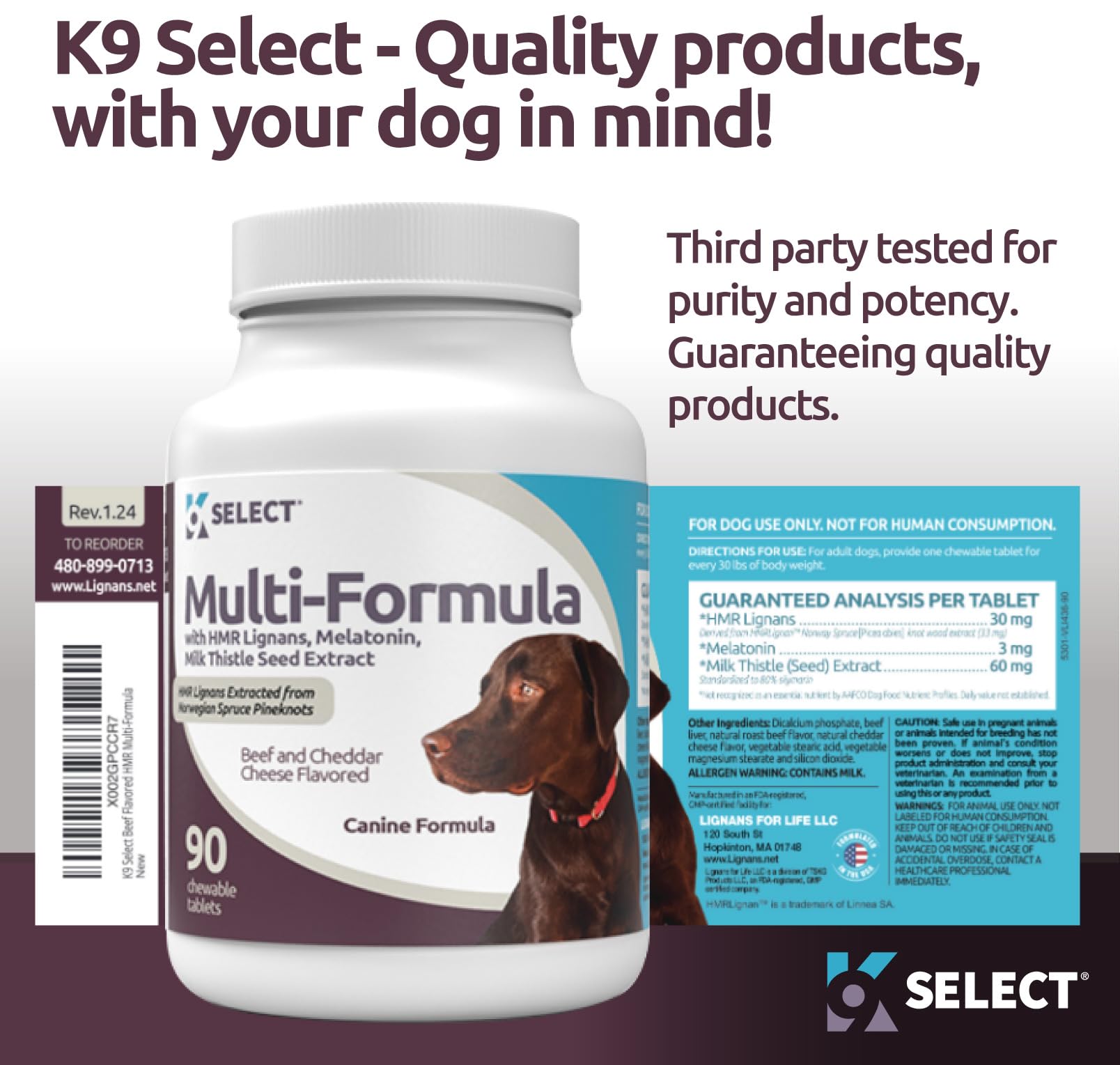 K9 Select beef-flavor chews inside bottle for palatable daily use.