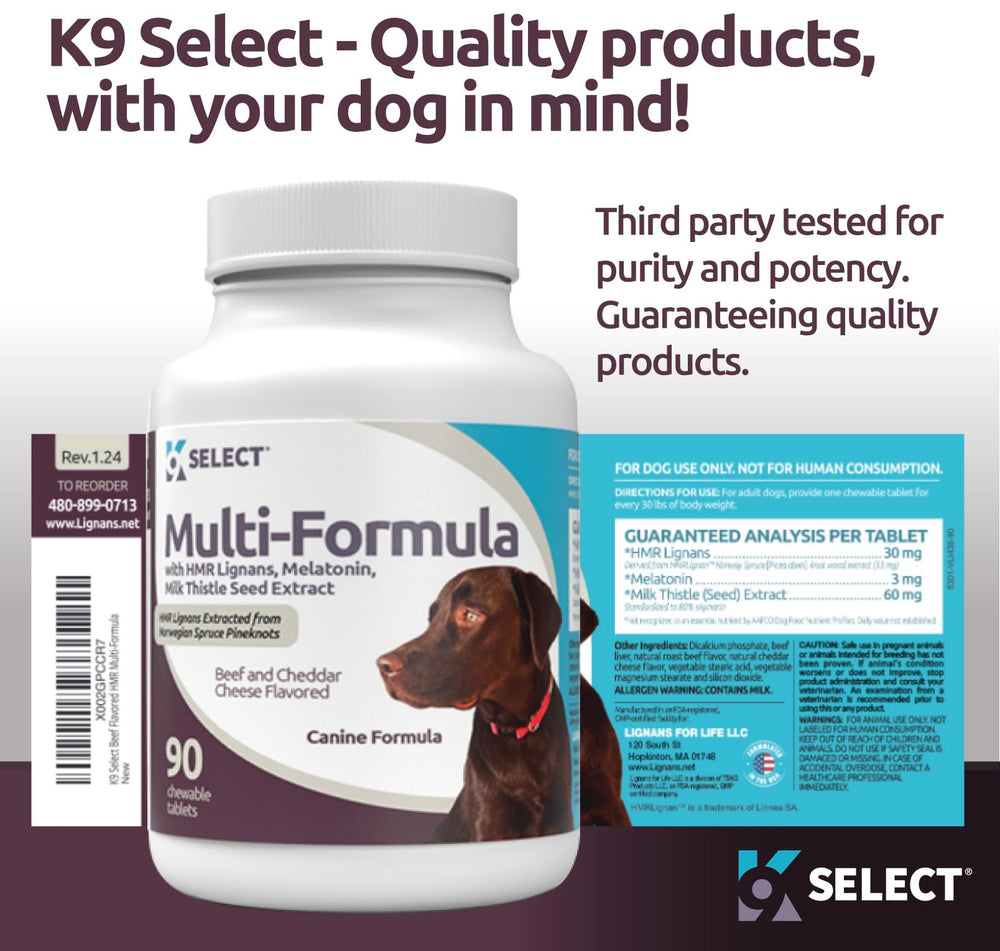 K9 Select beef-flavor chews inside bottle for palatable daily use.