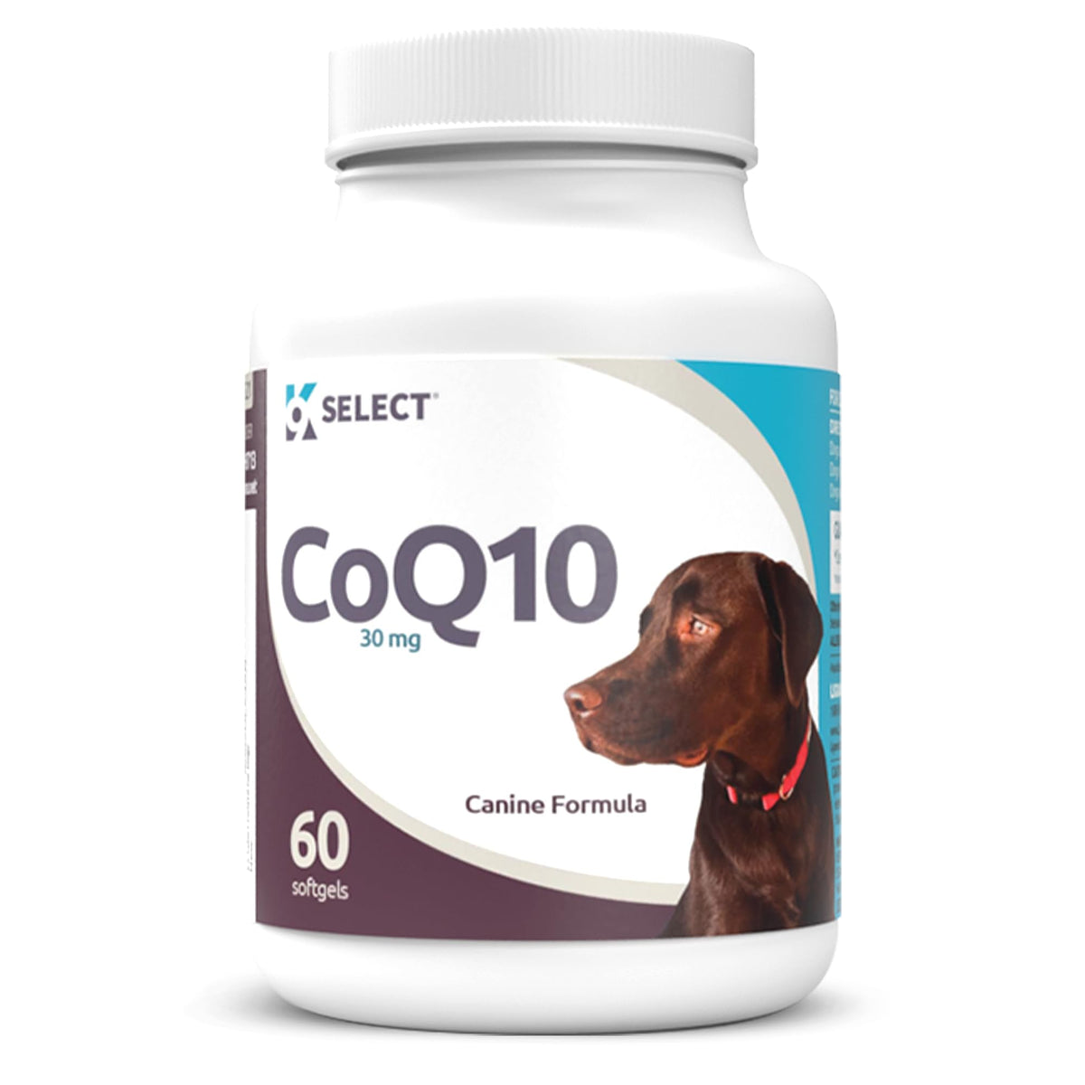 K9 Select CoQ10 bottle pour showing dog supplementation.