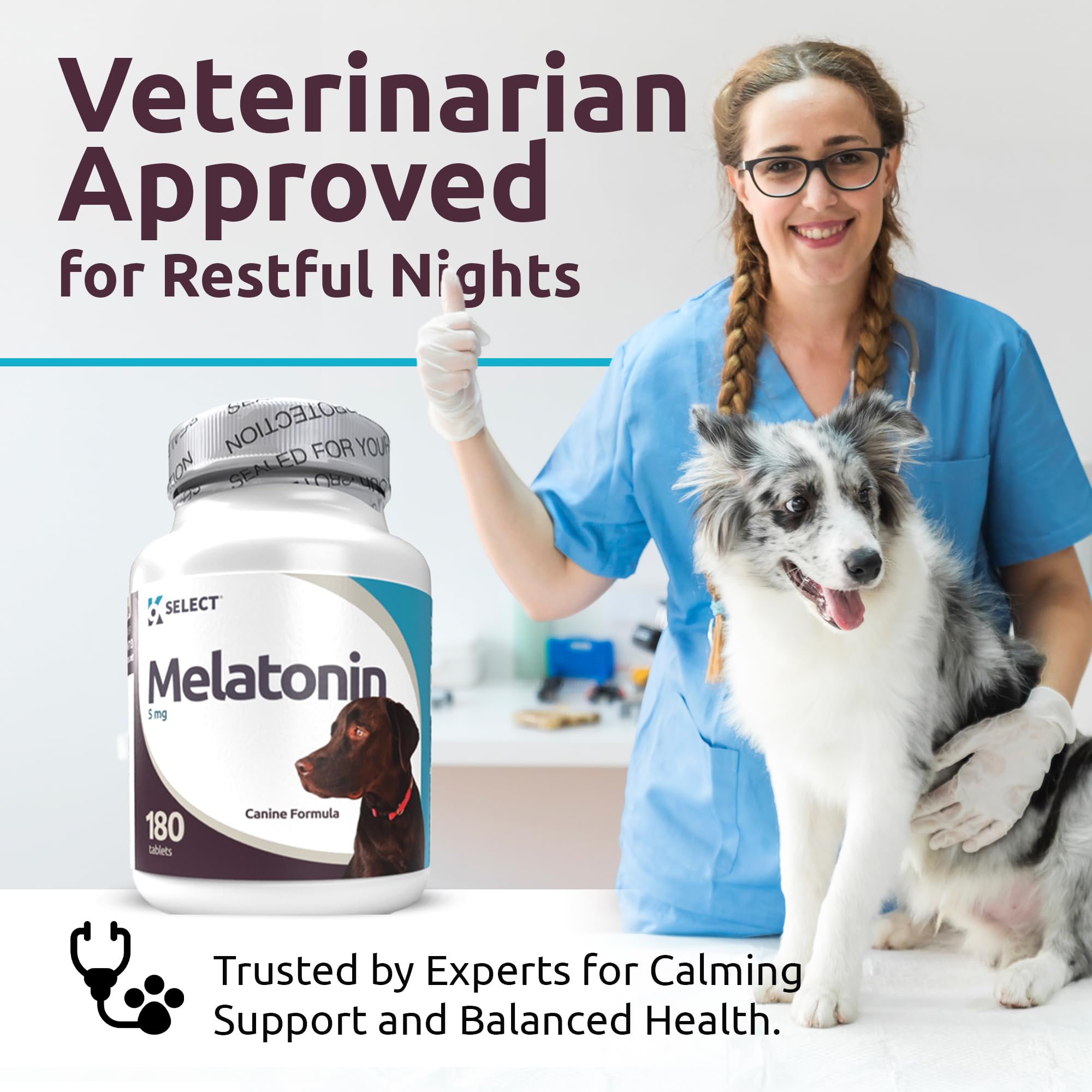 K9 Select calm-dog image highlights healthier skin and coat with consistent use