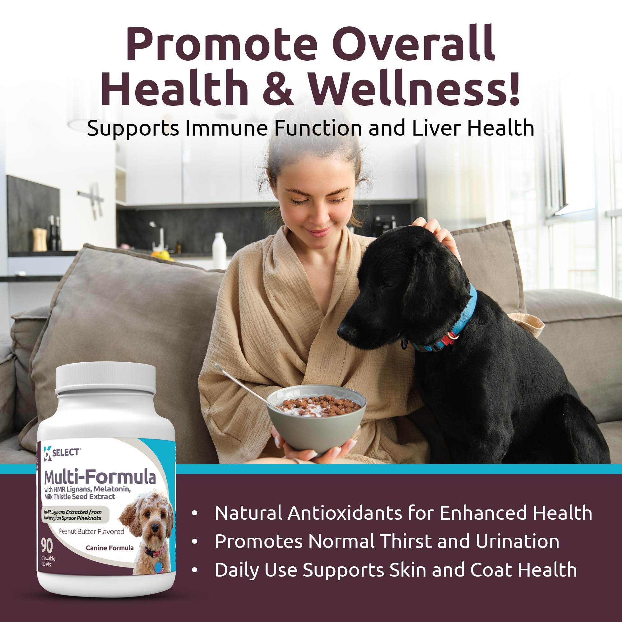 K9 Select lignan complex bottle highlighting 10 mg lignans for antioxidant support.