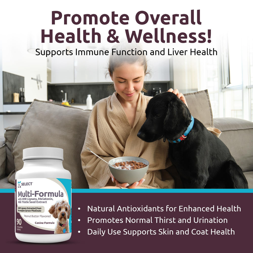 K9 Select lignan complex bottle highlighting 10 mg lignans for antioxidant support.