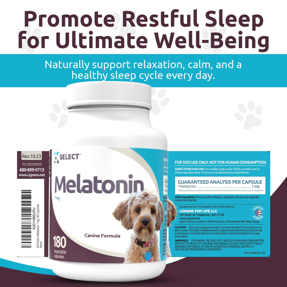 K9 Select Melatonin calming aid reduces stress during storms and vet visits.