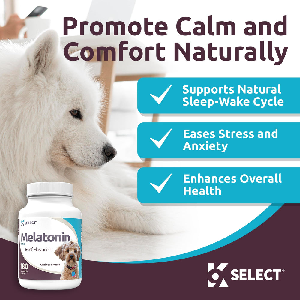 K9 Select melatonin close-up showing beef-flavored chews for small dogs.