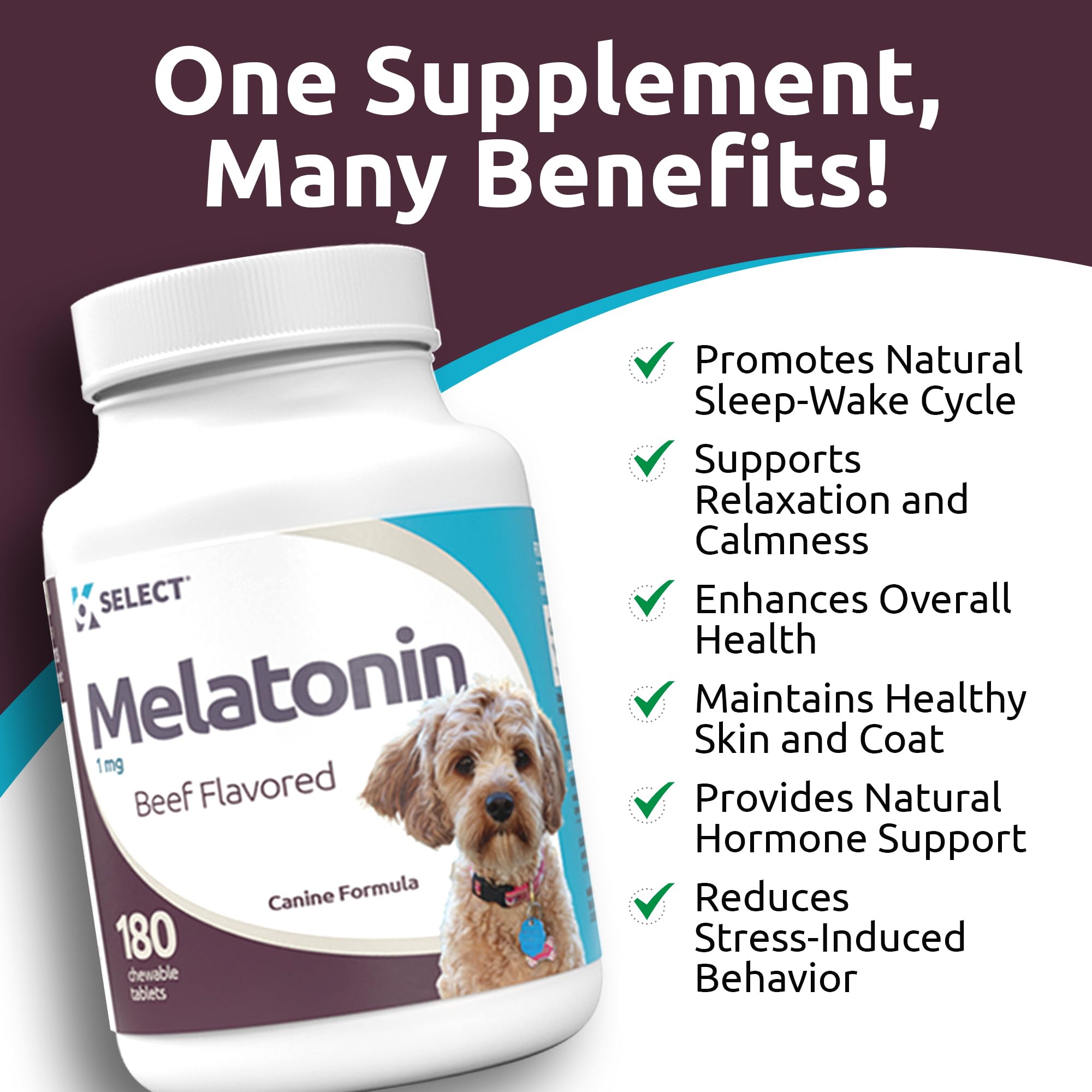 K9 Select melatonin supports coat vitality after calming chew.