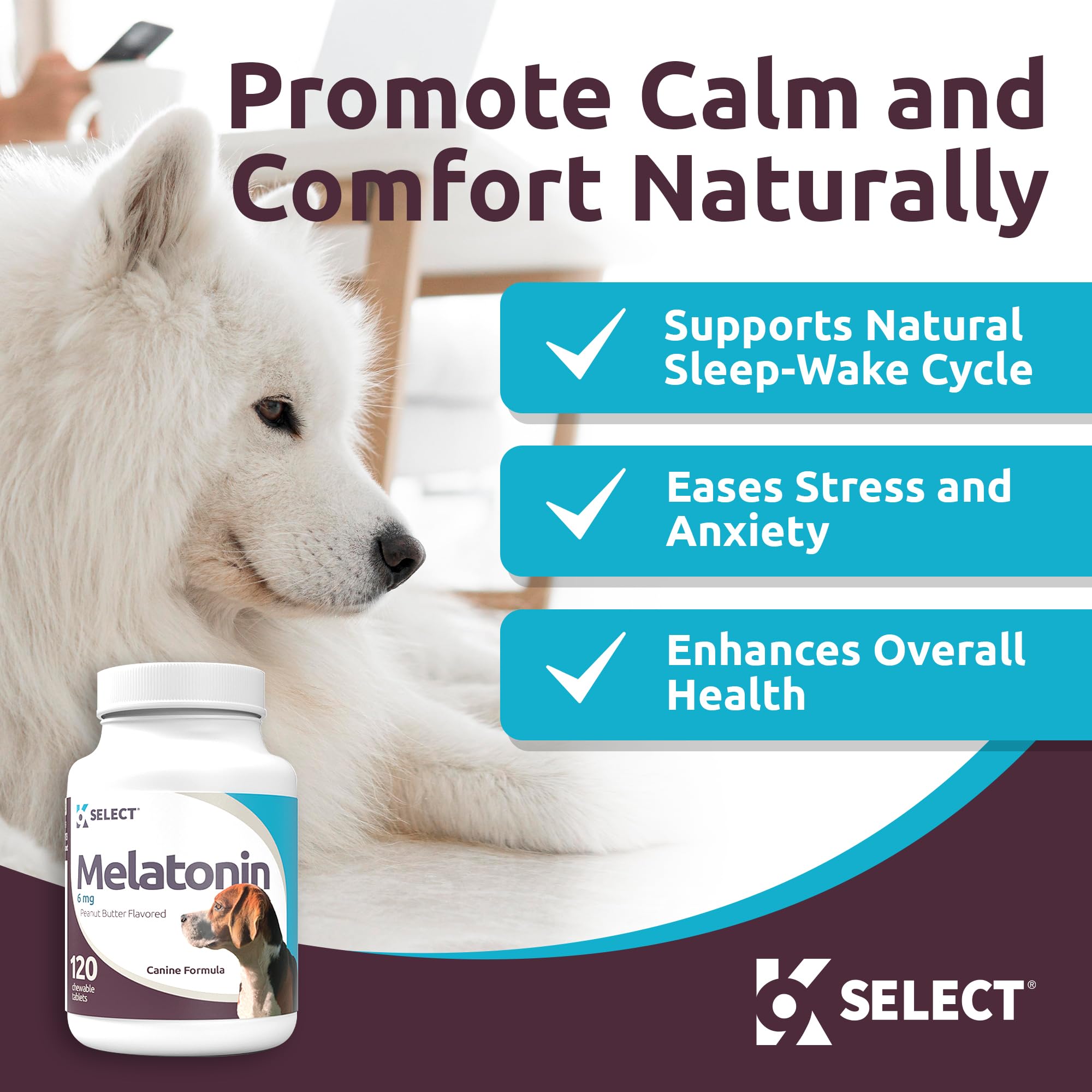 K9 Select melatonin large dog tablets shown as chewable calming treats.