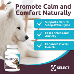 K9 Select melatonin large dog tablets shown as chewable calming treats.