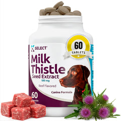K9 Select milk thistle bottle pouring tablets for daily liver support.