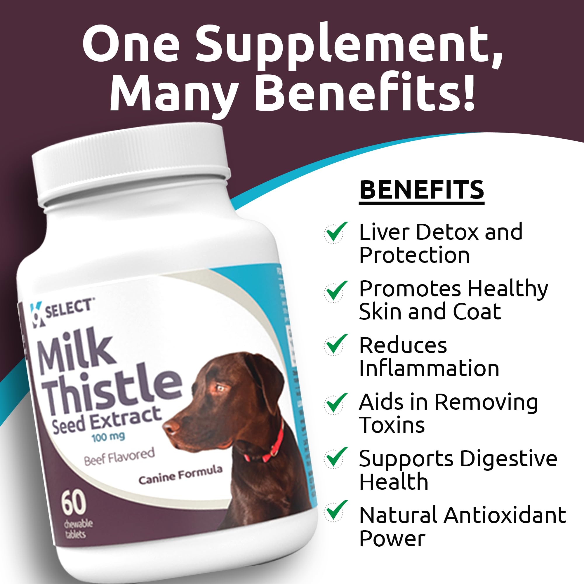 K9 Select packaging label highlights milk thistle liver support for dogs.