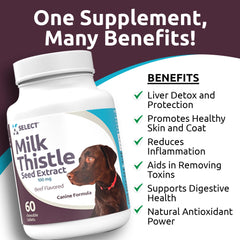 K9 Select packaging label highlights milk thistle liver support for dogs.