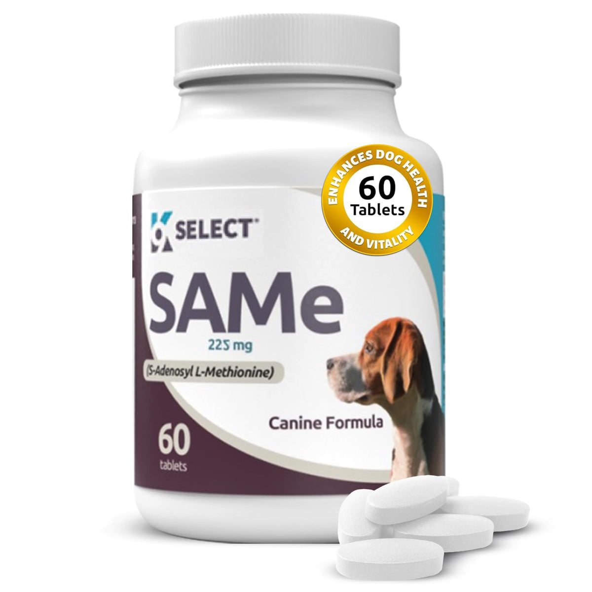 K9 Select SAM-e tablet close-up with enteric coating for liver support