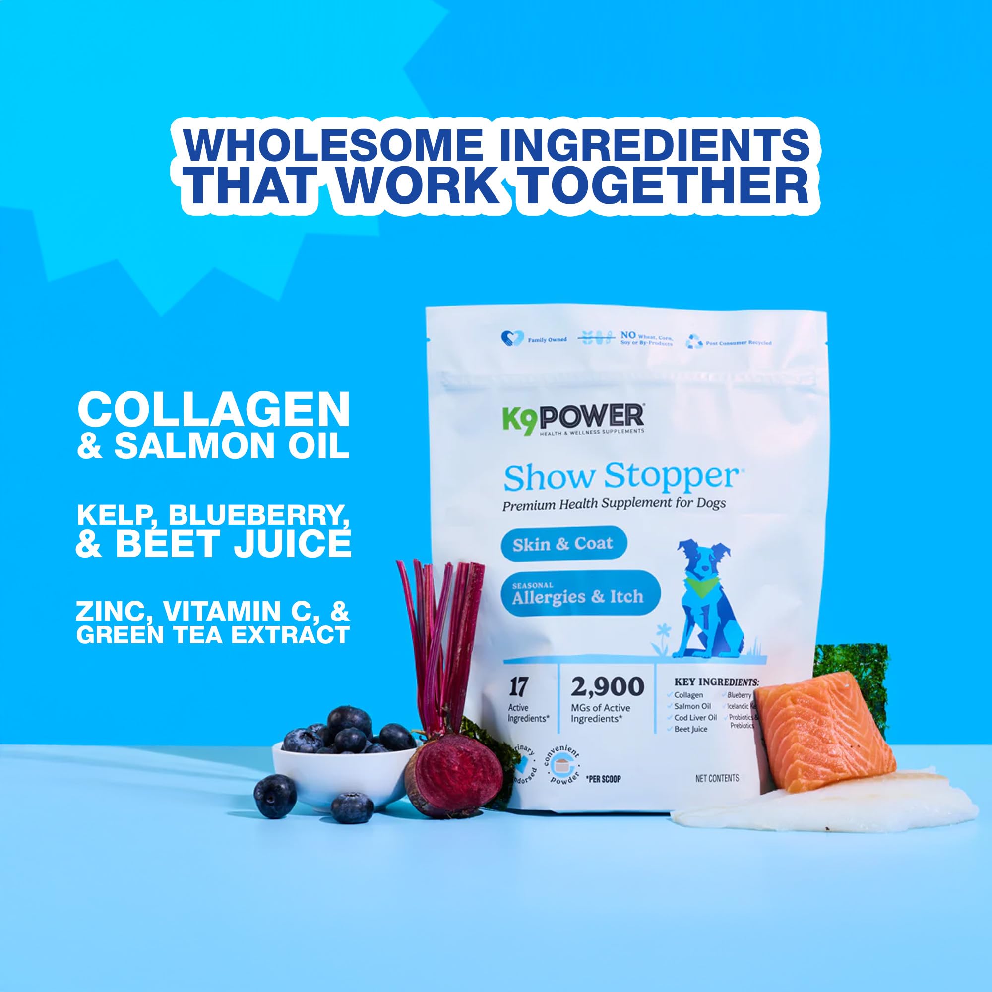 K9Power Show Stopper contains omega fatty acids for a shiny coat.