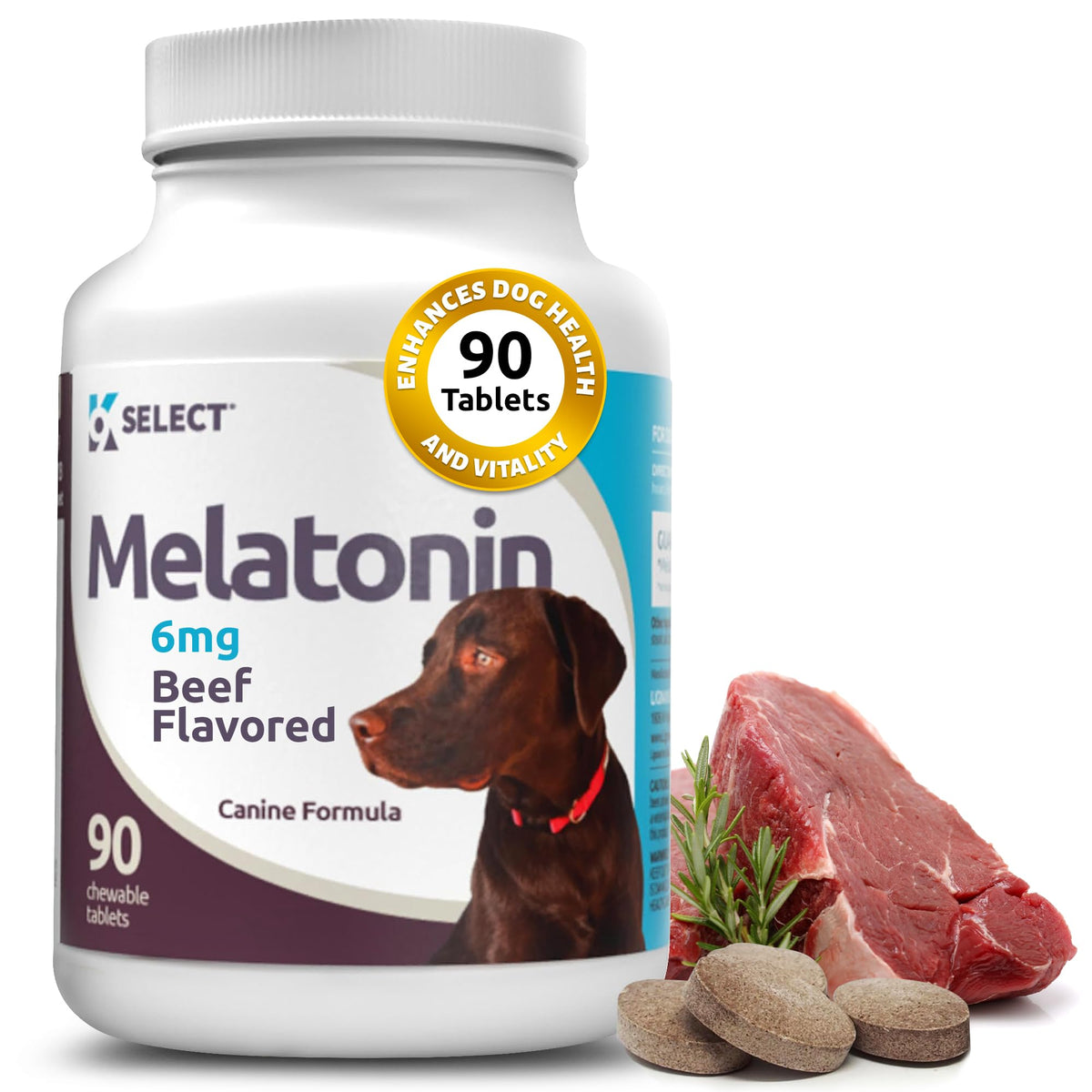 K9 Select beef-flavored melatonin tablets for large dogs calm evenings.