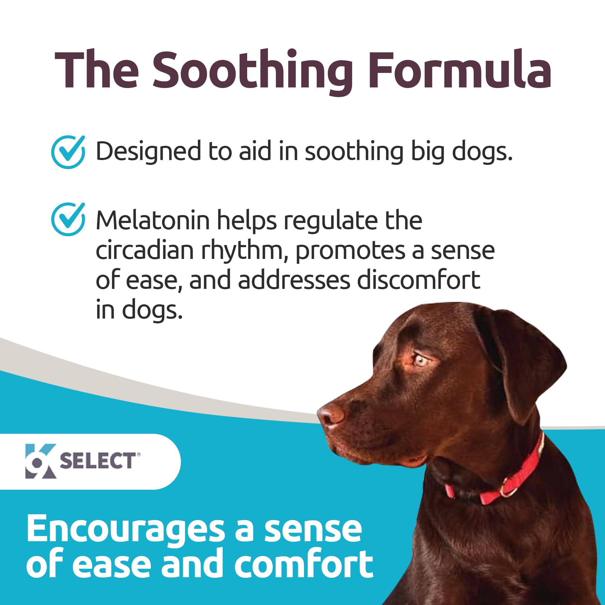 K9 Select packaging for large-dog 6 mg melatonin tablets for easy dosing.