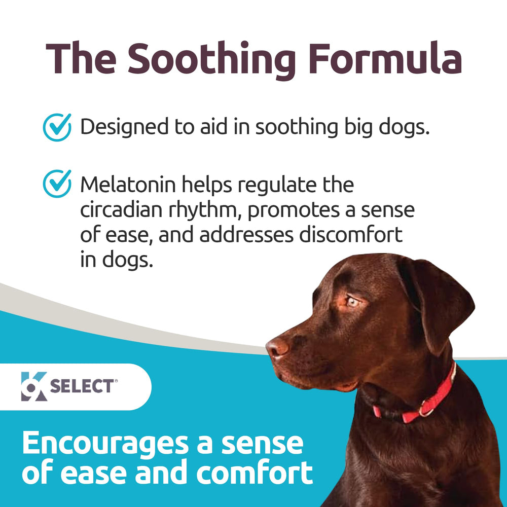 K9 Select packaging for large-dog 6 mg melatonin tablets for easy dosing.