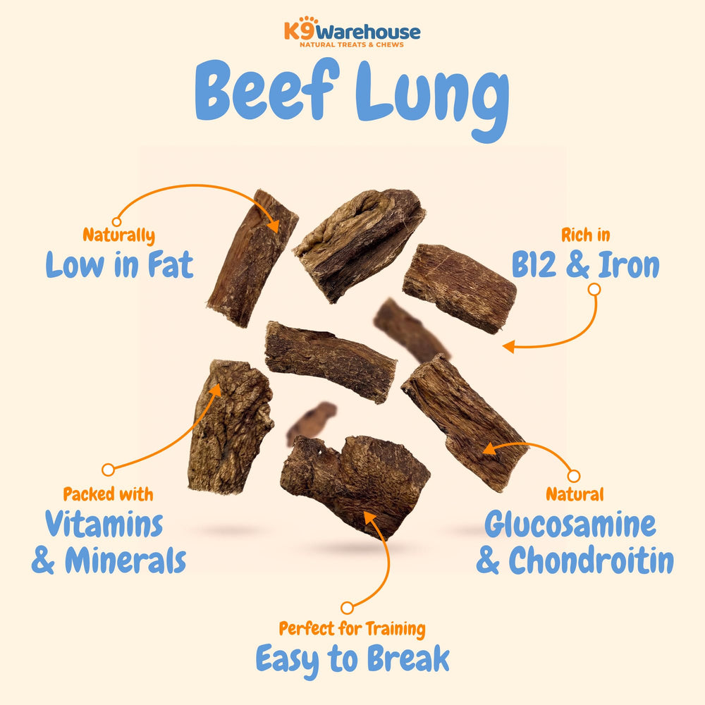 K9warehouse dehydrated beef lung snack with natural flavor.