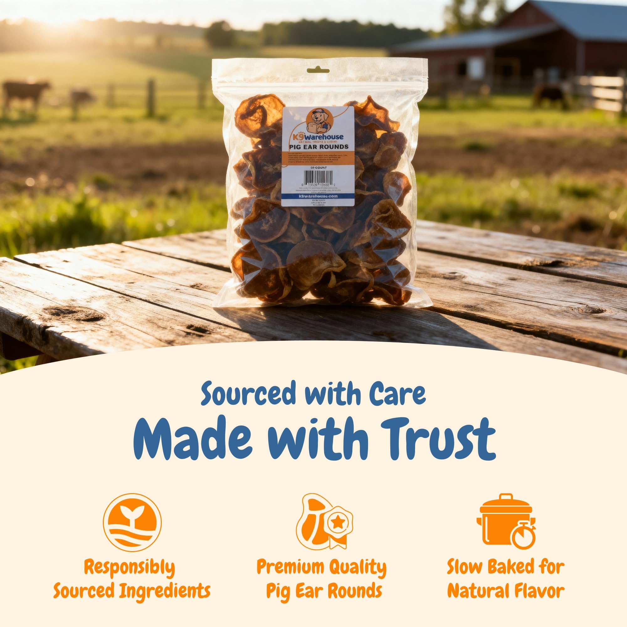 K9warehouse bulk pig ears pack showcasing bulk savings for families.