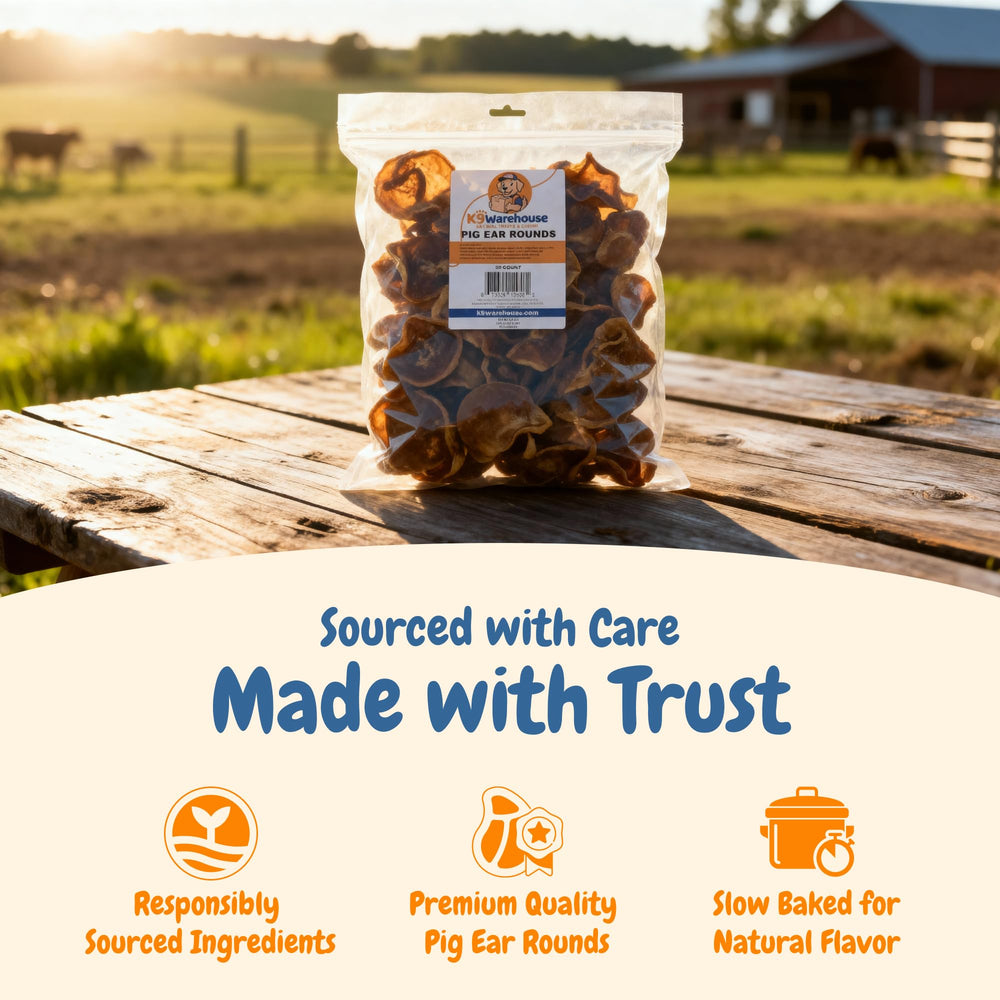 K9warehouse bulk pig ears pack showcasing bulk savings for families.