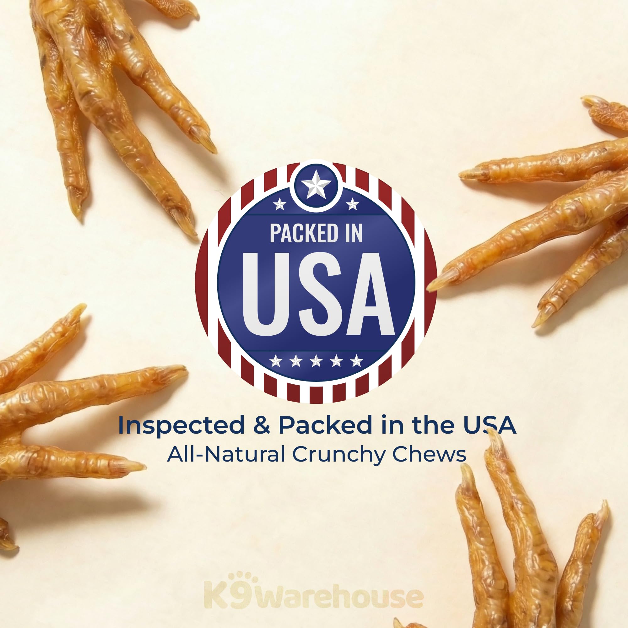 K9warehouse chicken feet closeup crunch — satisfying chewer texture