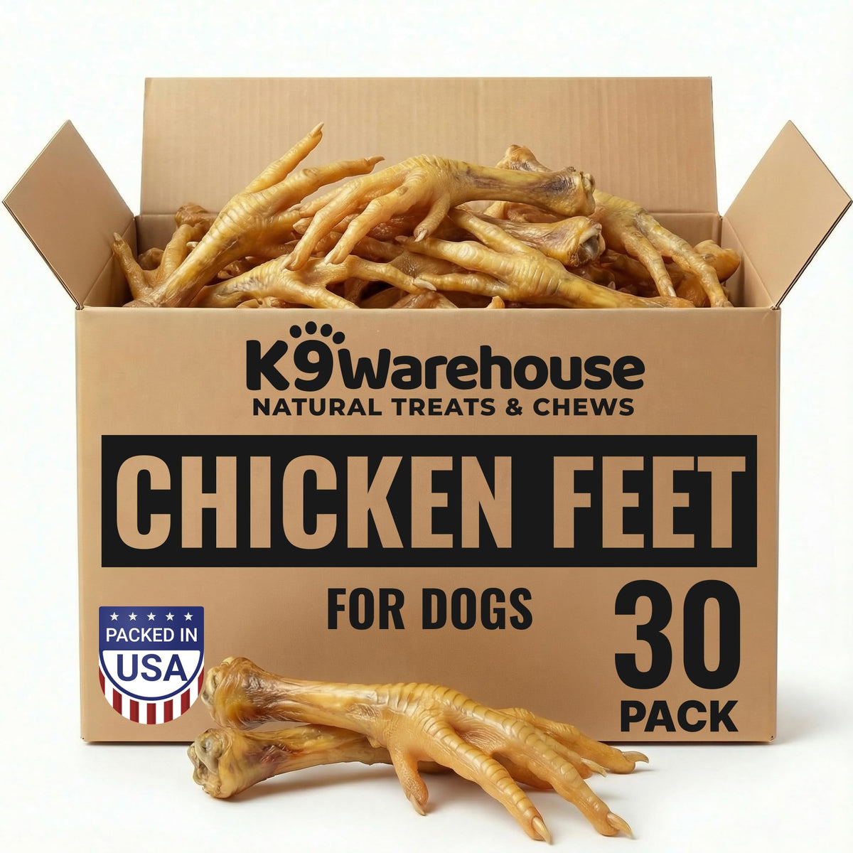 K9warehouse chicken feet treat pack front — training rewards ready