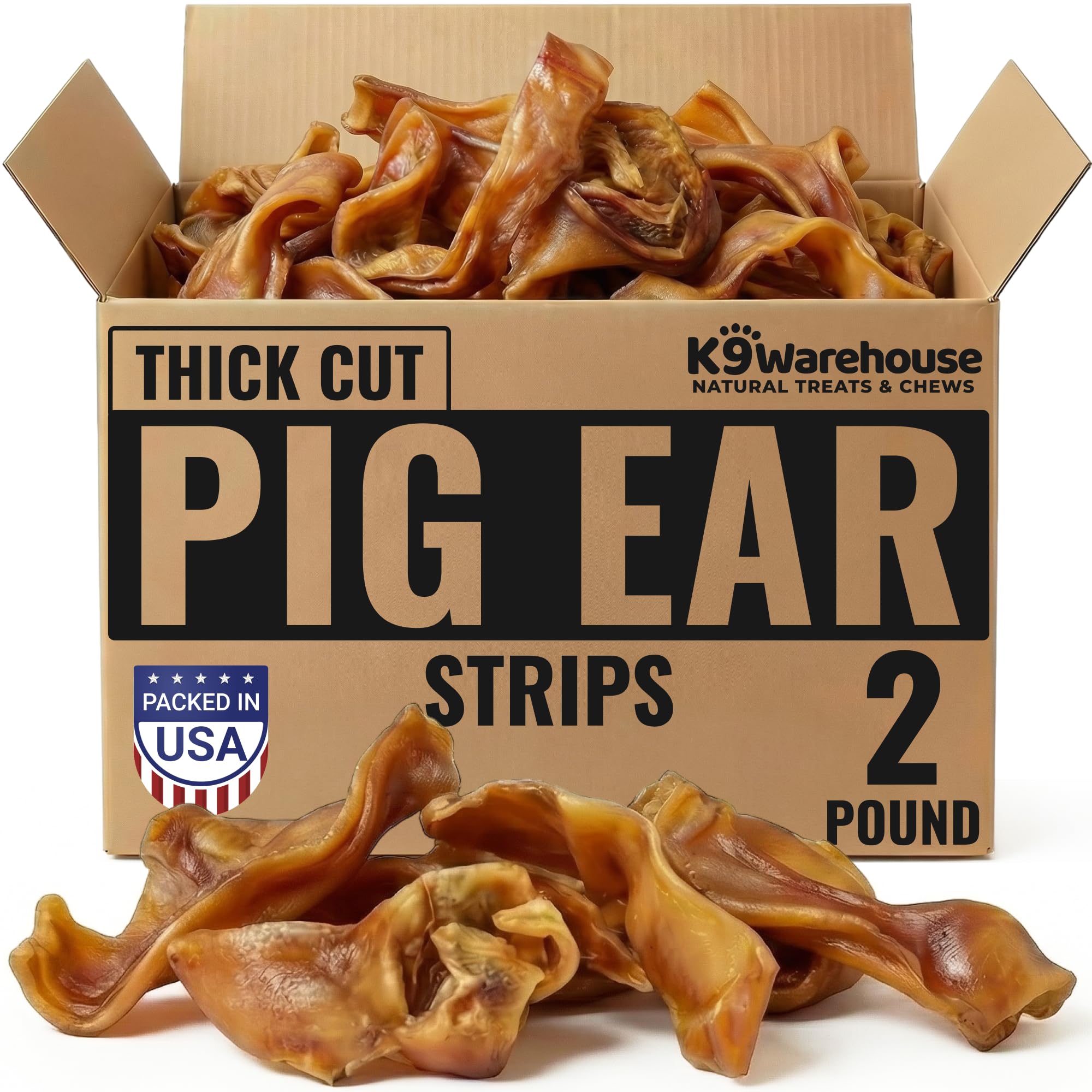 K9warehouse pig ear strips 2lb bag close-up showing bulk quantity
