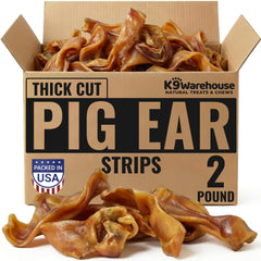 K9warehouse pig ear strips 2lb bag close-up showing bulk quantity