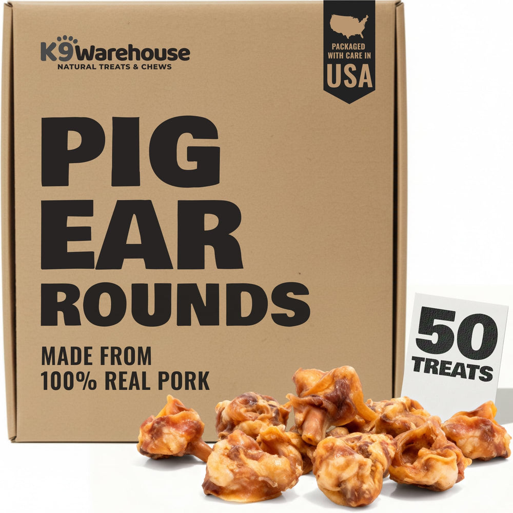 K9warehouse premium natural pig ears rounds in USA-pack for long-lasting chews.