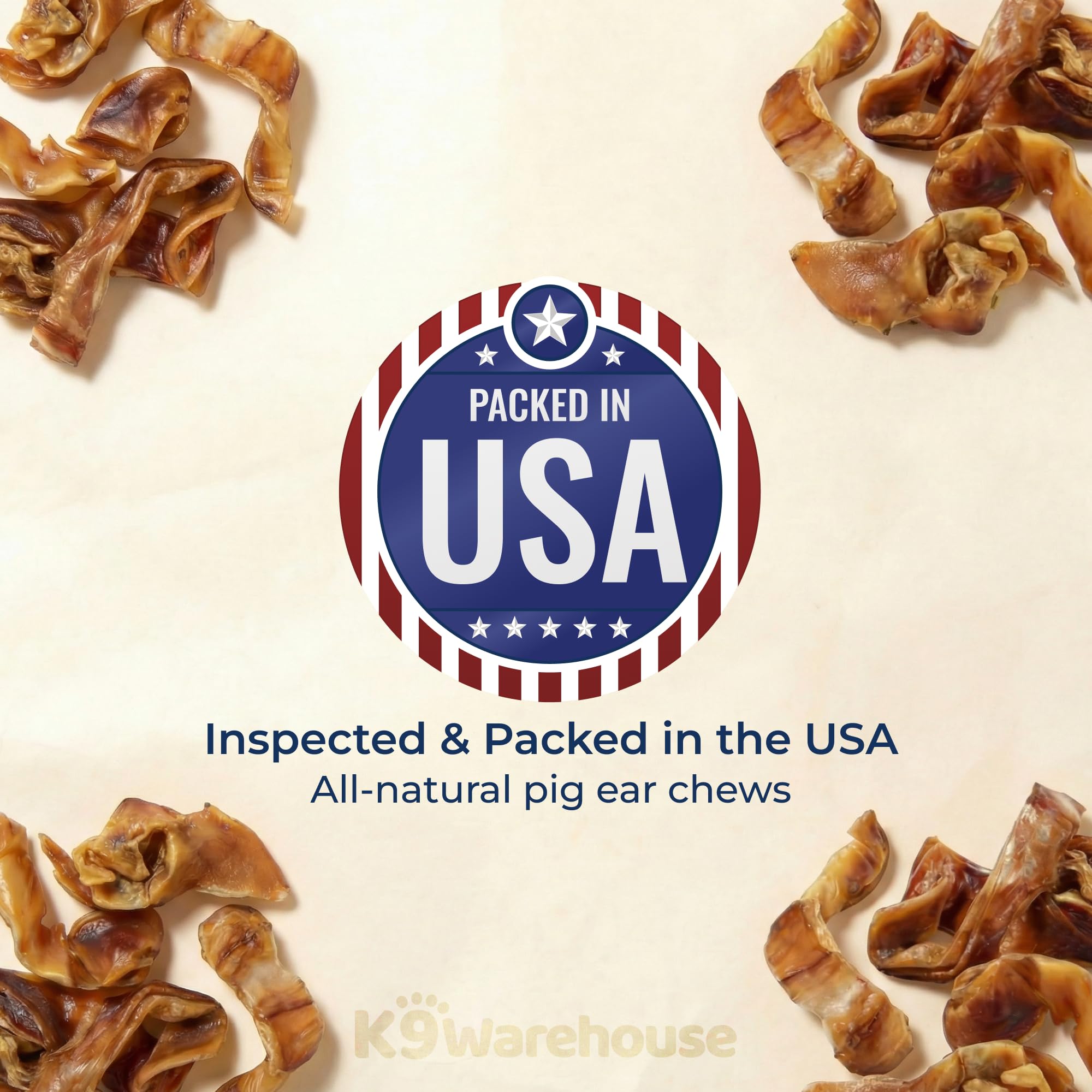 K9warehouse thick-cut pig ears, robust chew texture