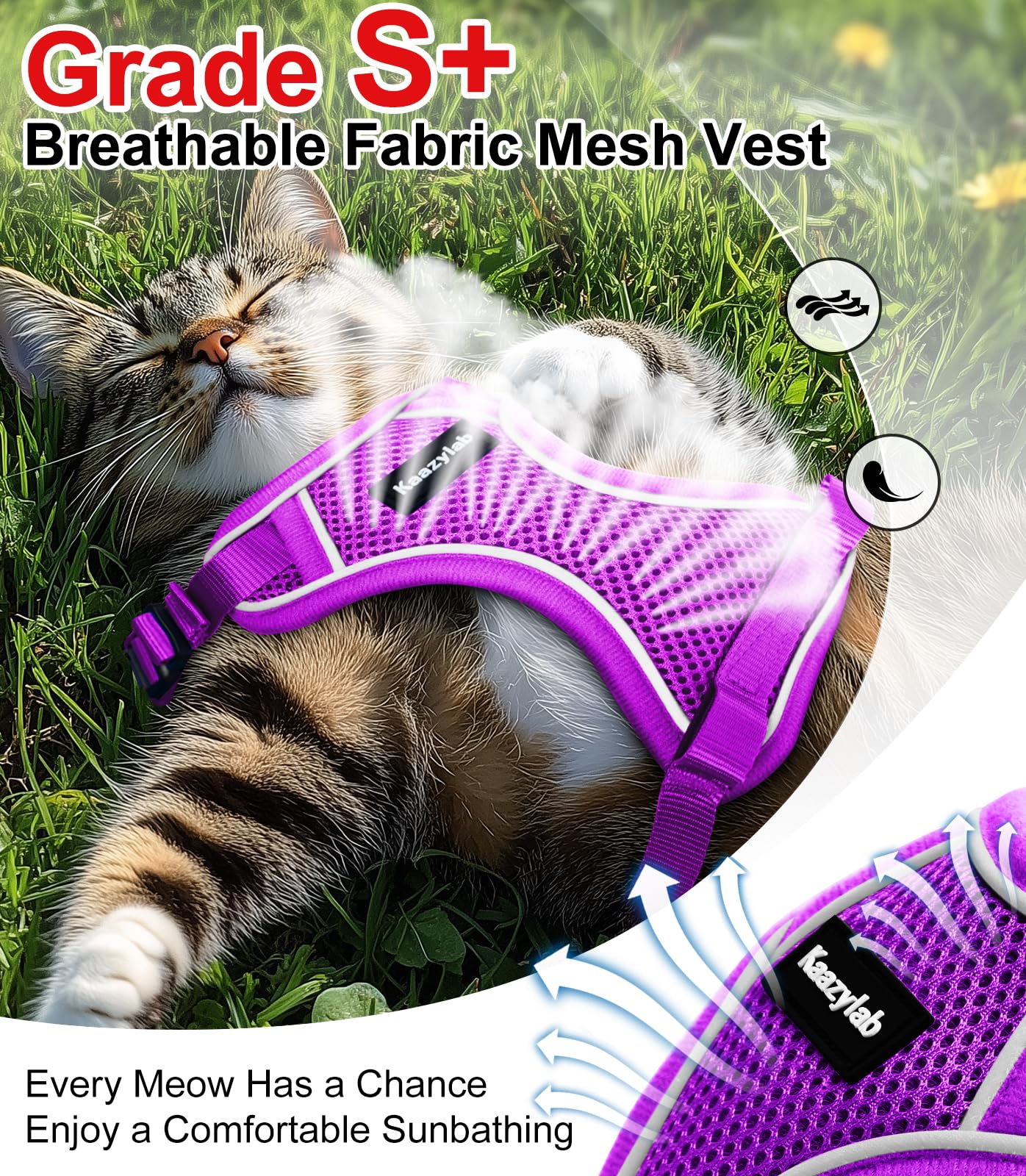 Kaazylab breathable air mesh fabric keeping your cat cool on walks.