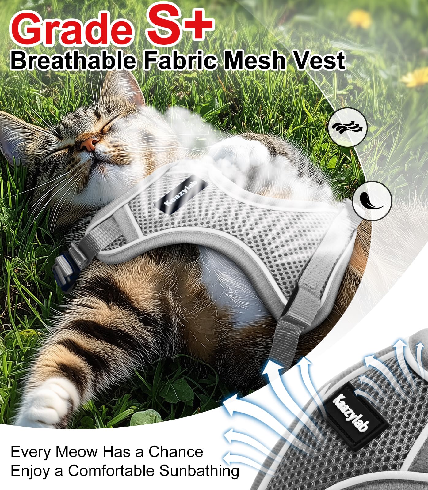 Kaazylab cat harness breathable air mesh for cool, comfortable walks.