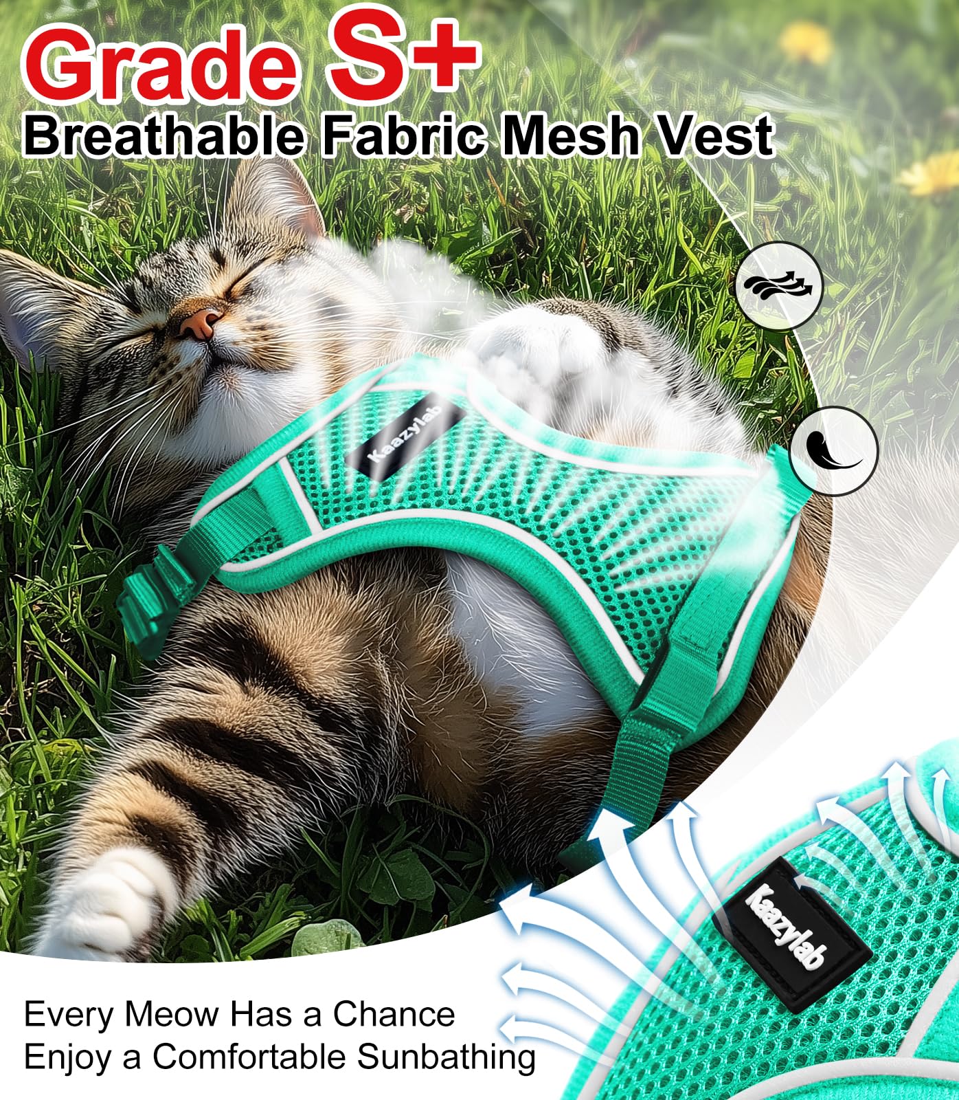 Kaazylab cat harness shows breathable air mesh fabric for cool, comfortable walks.