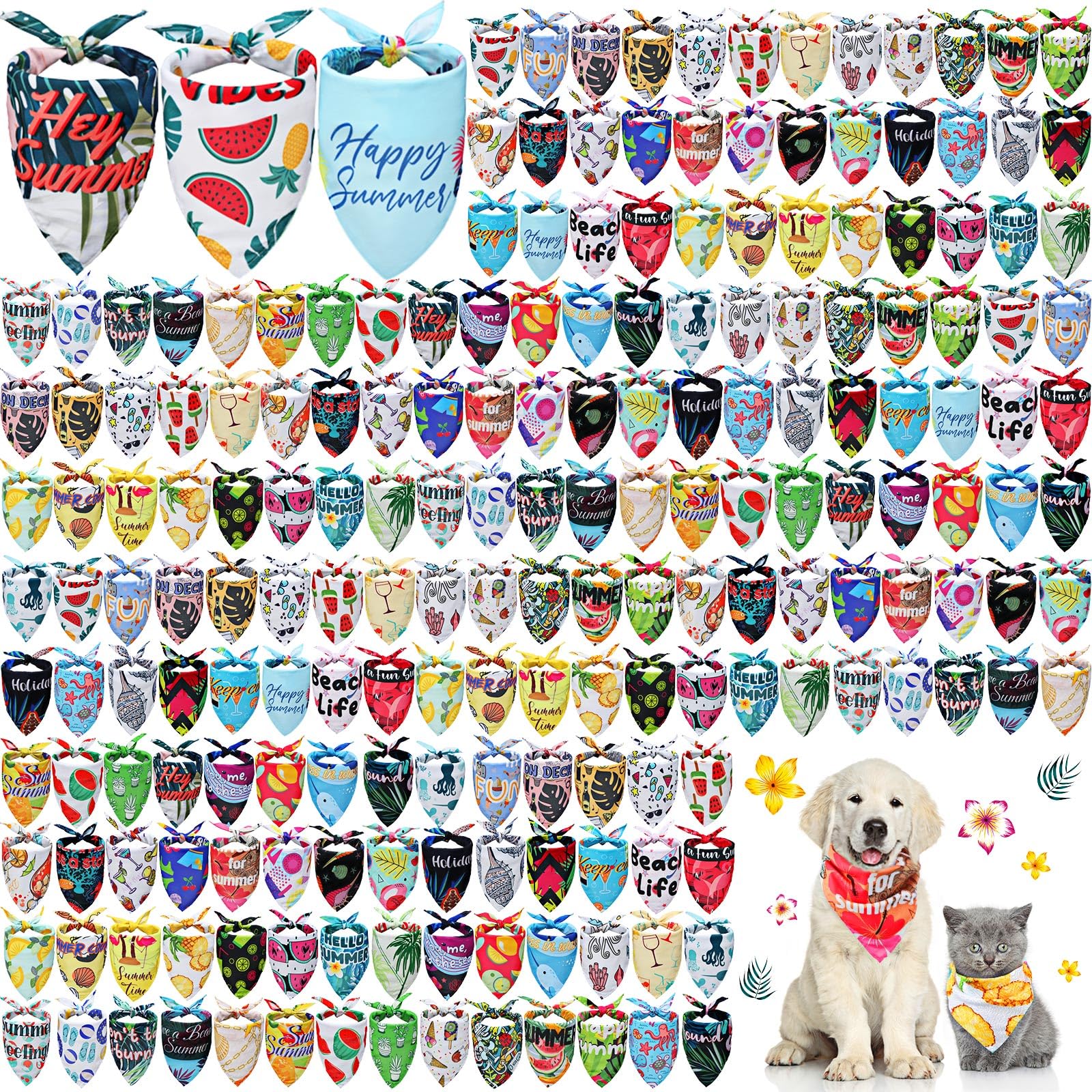 Kacctyen dog bandanas in a 200-piece summer bulk set featuring vibrant Hawaiian patterns.