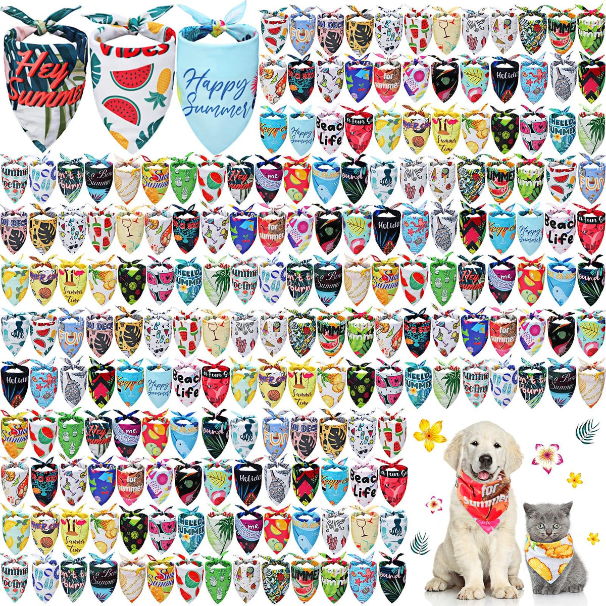 Kacctyen dog bandanas in a 200-piece summer bulk set featuring vibrant Hawaiian patterns.
