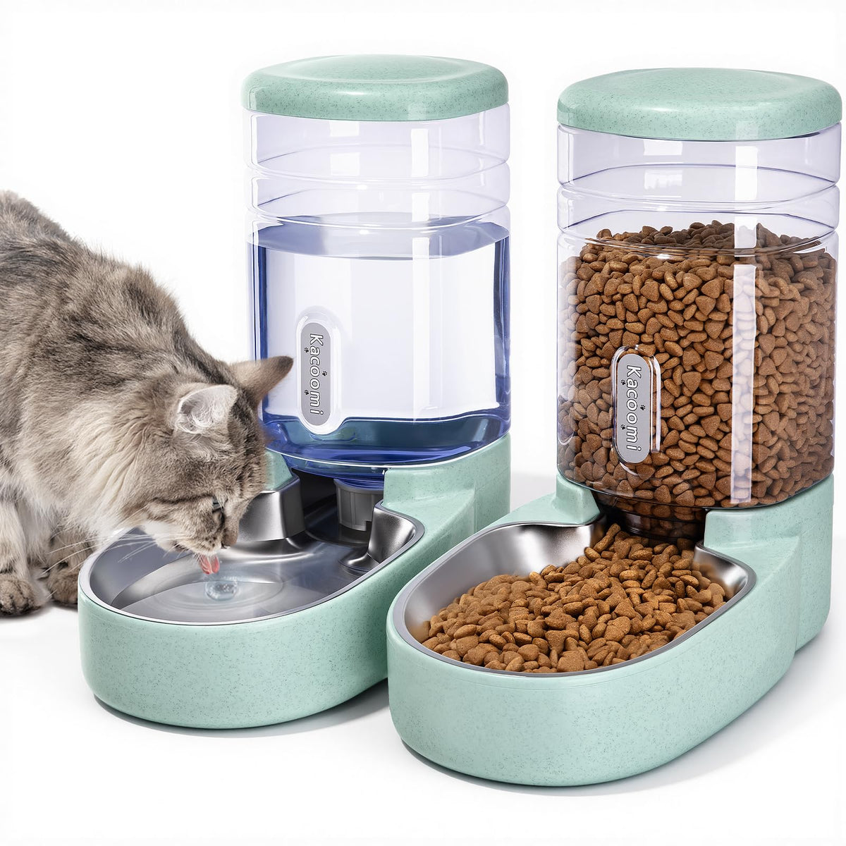 Kacoomi automatic cat feeder with green housing and gravity design.