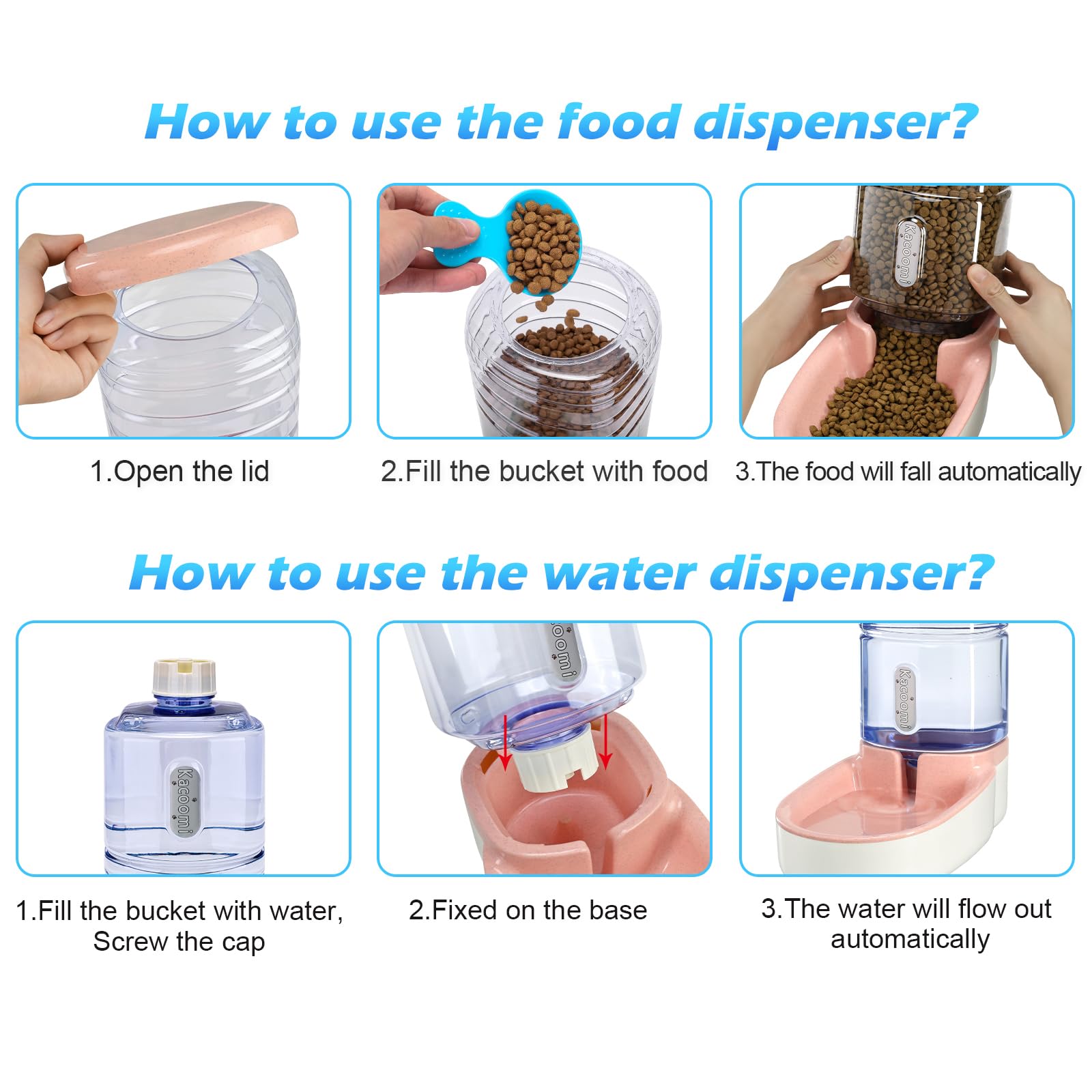 Kacoomi transparent refill bottle helps monitor food and water levels.
