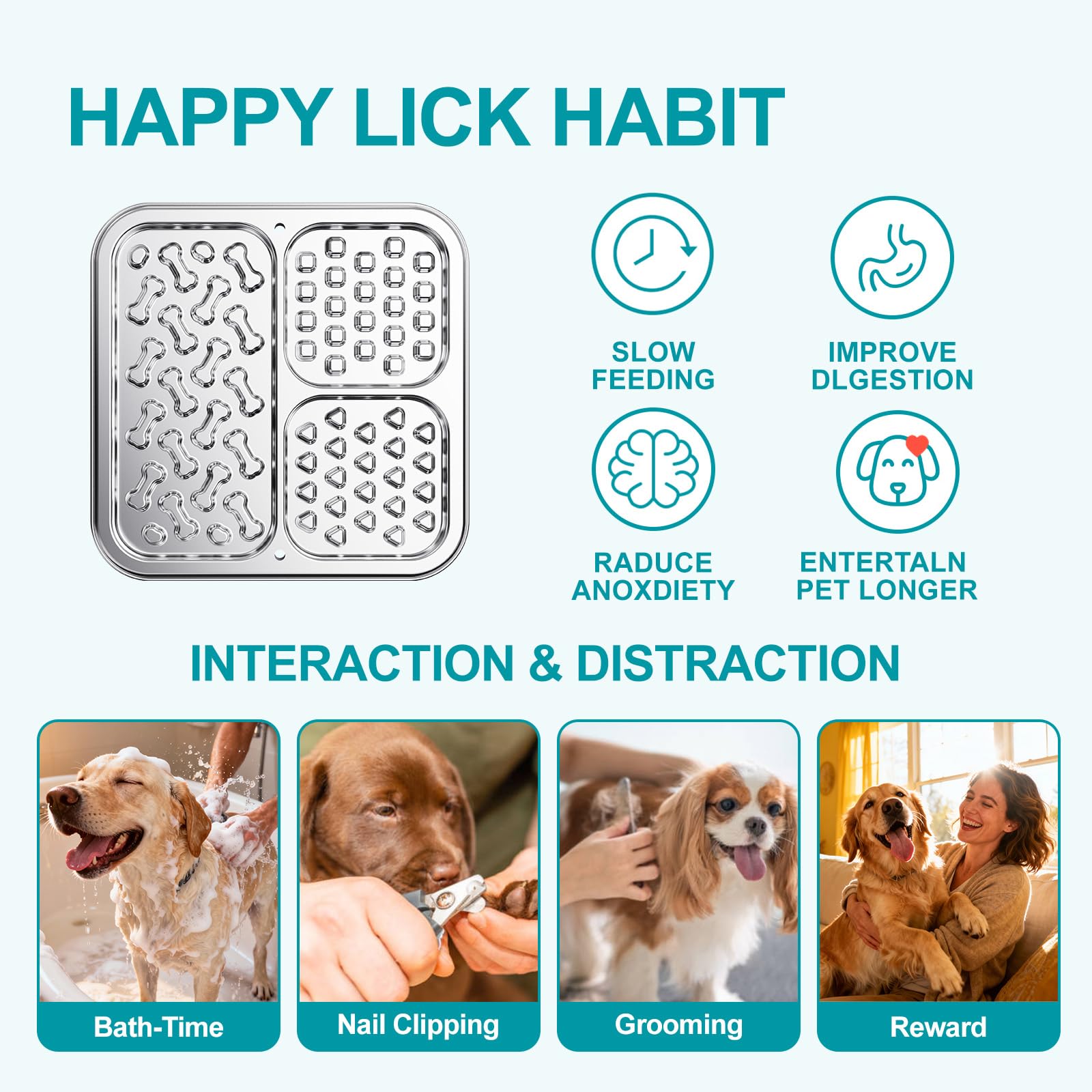 Kactoily stainless steel lick mat features three textured zones for varied treats.