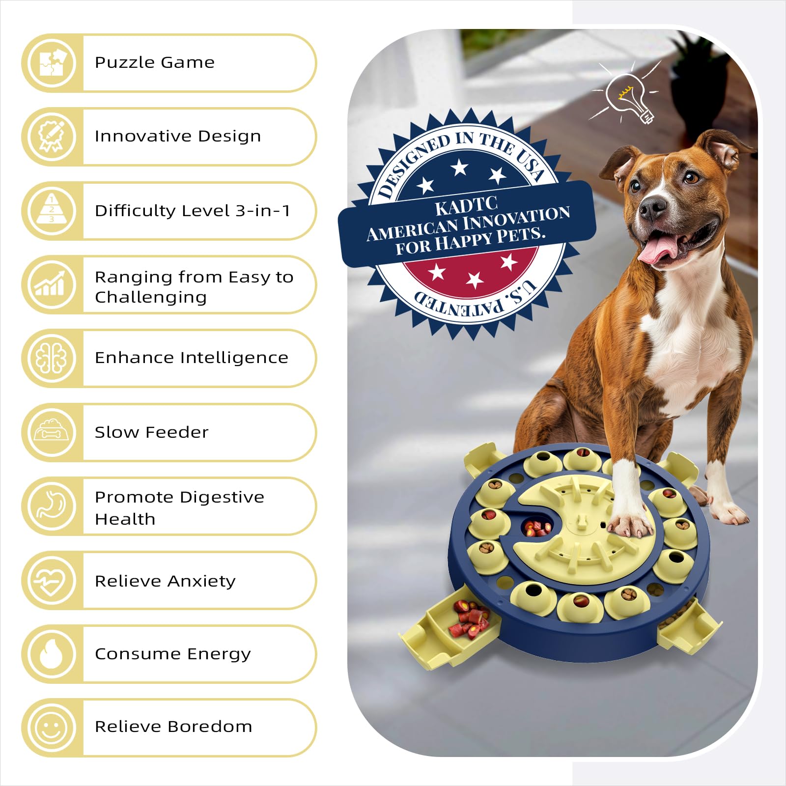 KADTC puzzle toy with 12 treat compartments offering multi-step rewards.