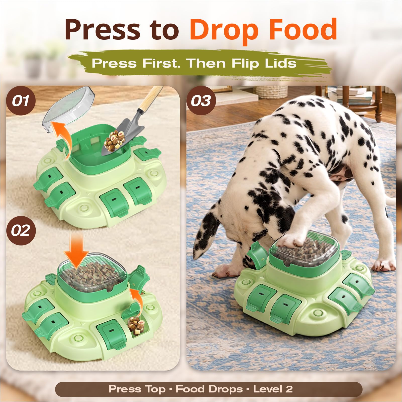 KADTC dog puzzle toy push-to-release mechanism enables treat dispensing