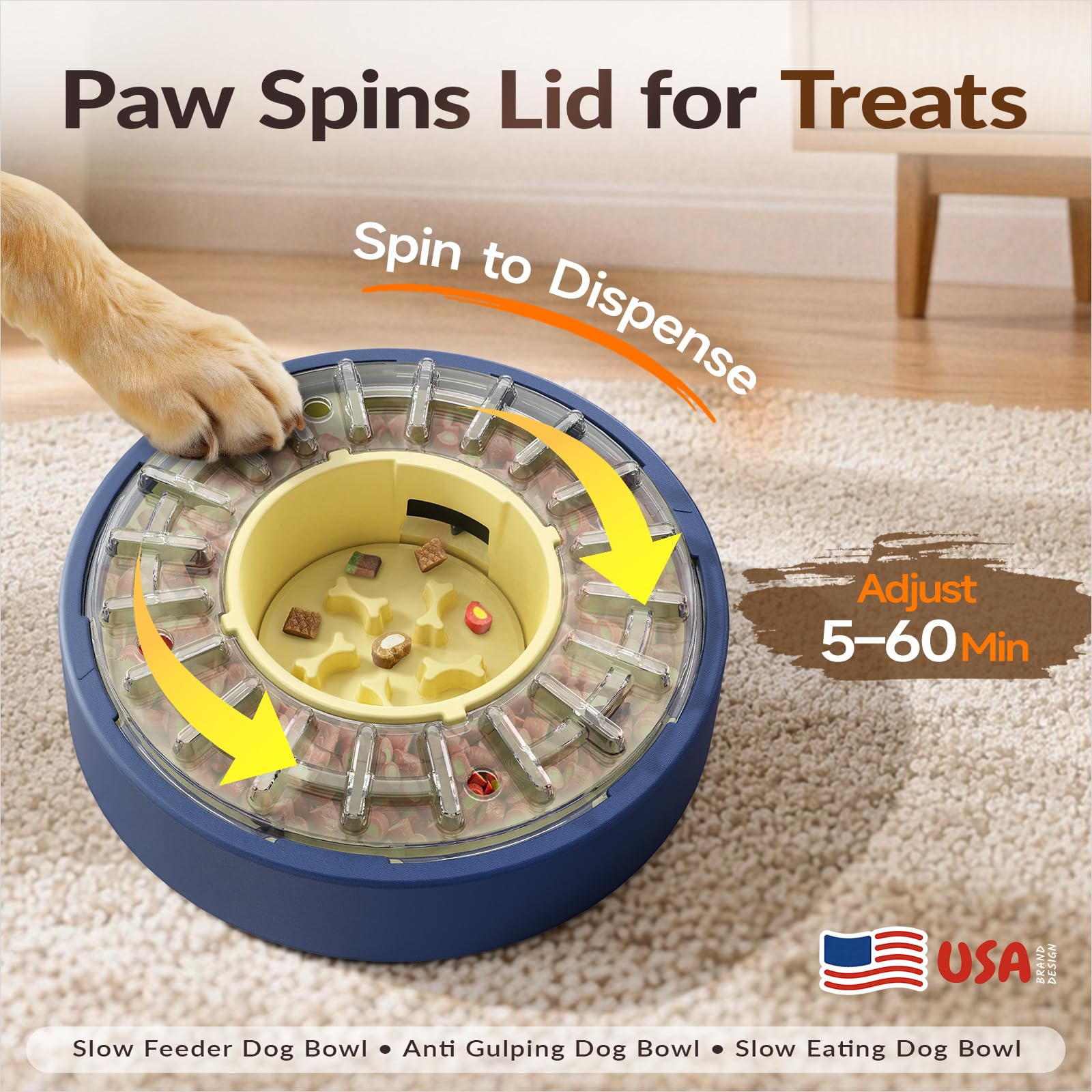 KADTC puzzle feeder spin mechanism enables interactive, paced feeding without batteries.