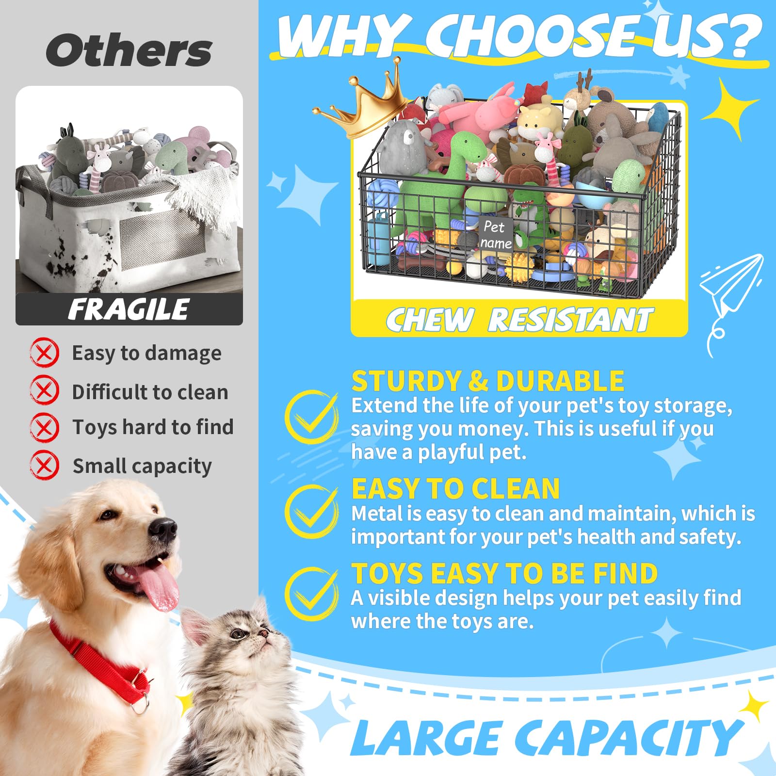 Kaiferty indestructible dog toy bin side view highlighting sturdy construction for heavy play