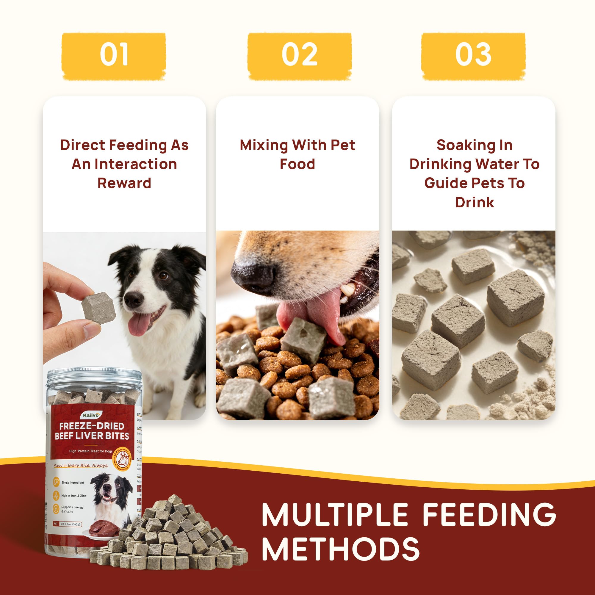 Kaiivo Freeze Dried Beef Liver Bites resealable jar highlights freshness and portability