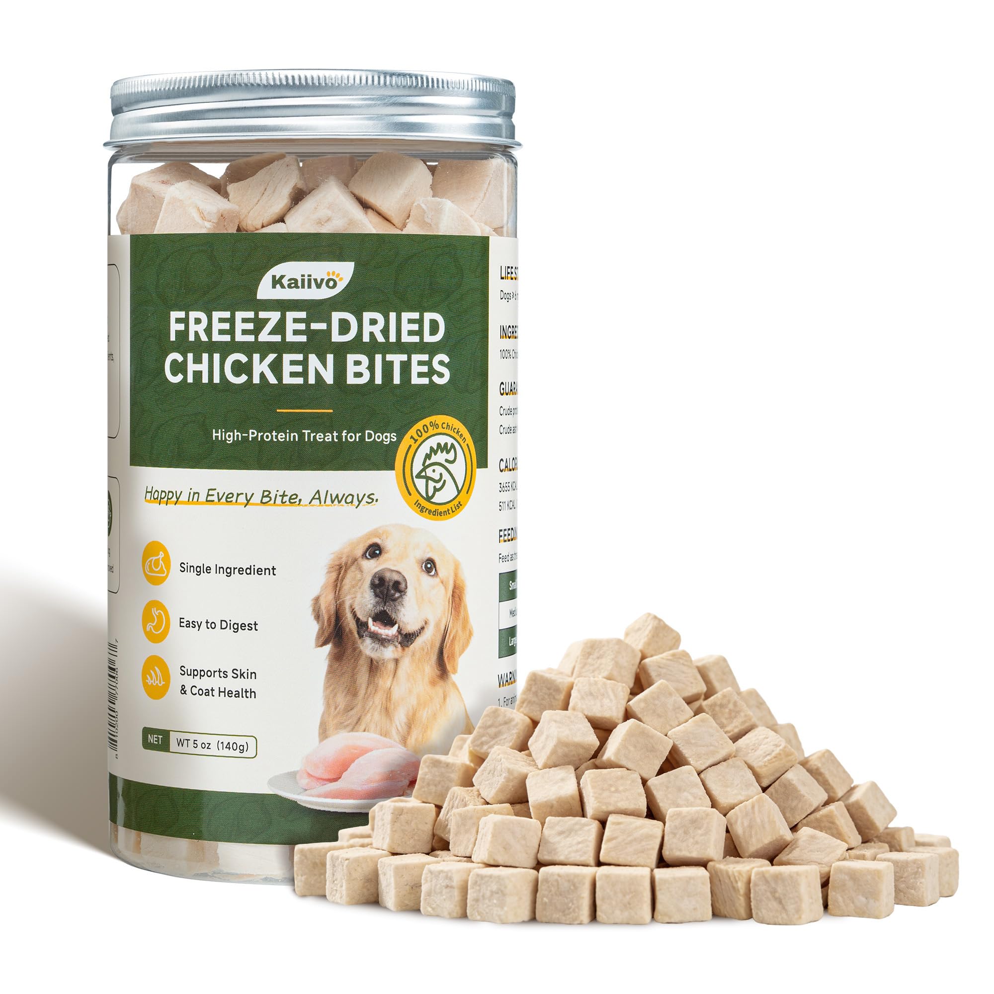 Kaiivo freeze-dried chicken treats in a jar close-up, showcasing fresh, protein-packed flavor.
