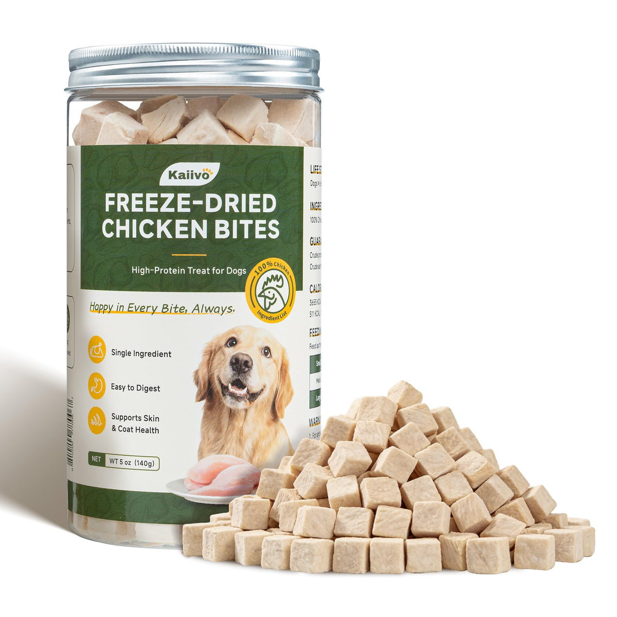 Kaiivo freeze-dried chicken treats in a jar close-up, showcasing fresh, protein-packed flavor.