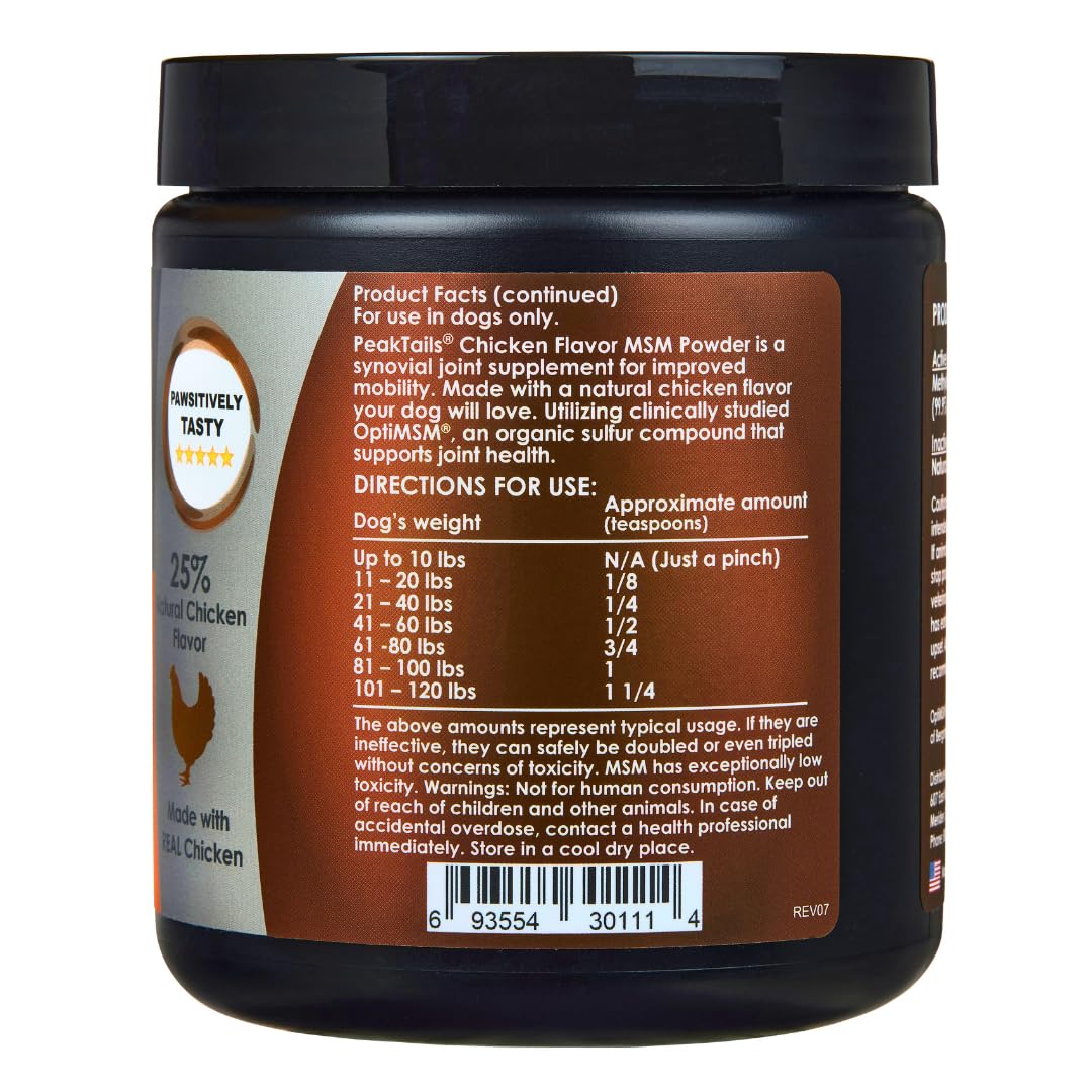 KALA HEALTH PeakTails chicken-flavor MSM powder appealing to dogs at treat time.