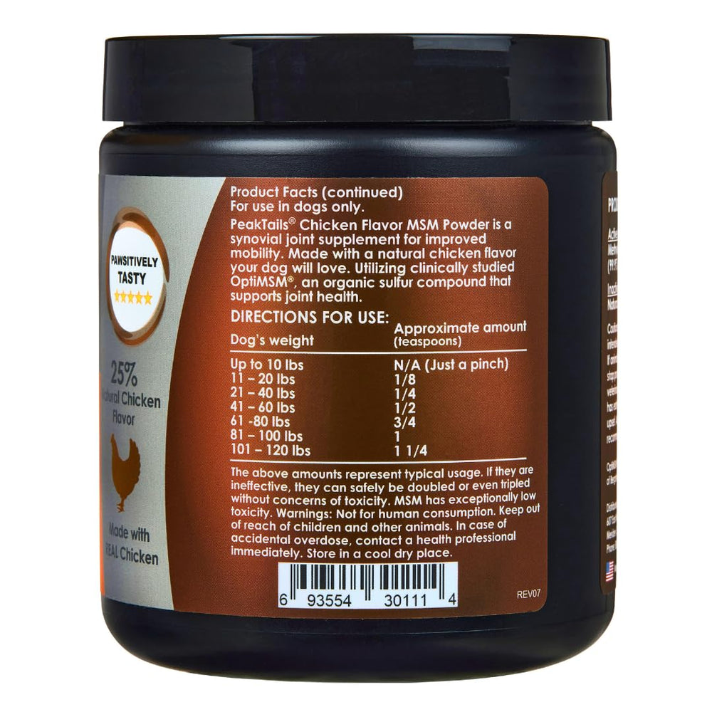 KALA HEALTH PeakTails chicken-flavor MSM powder appealing to dogs at treat time.