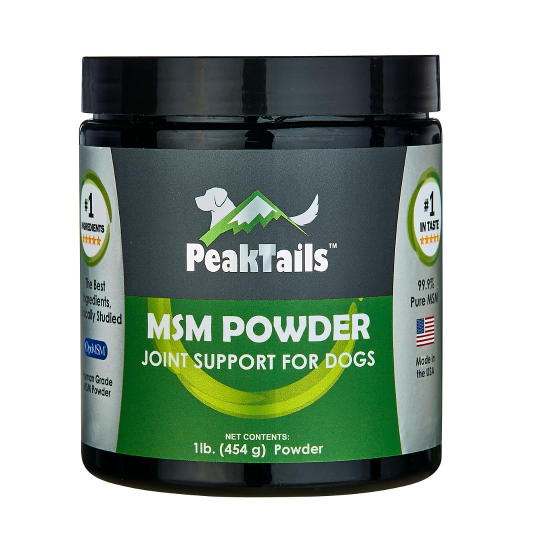 KALA HEALTH PeakTails MSM powder bottle pour highlights pure OptiMSM for canine joints
