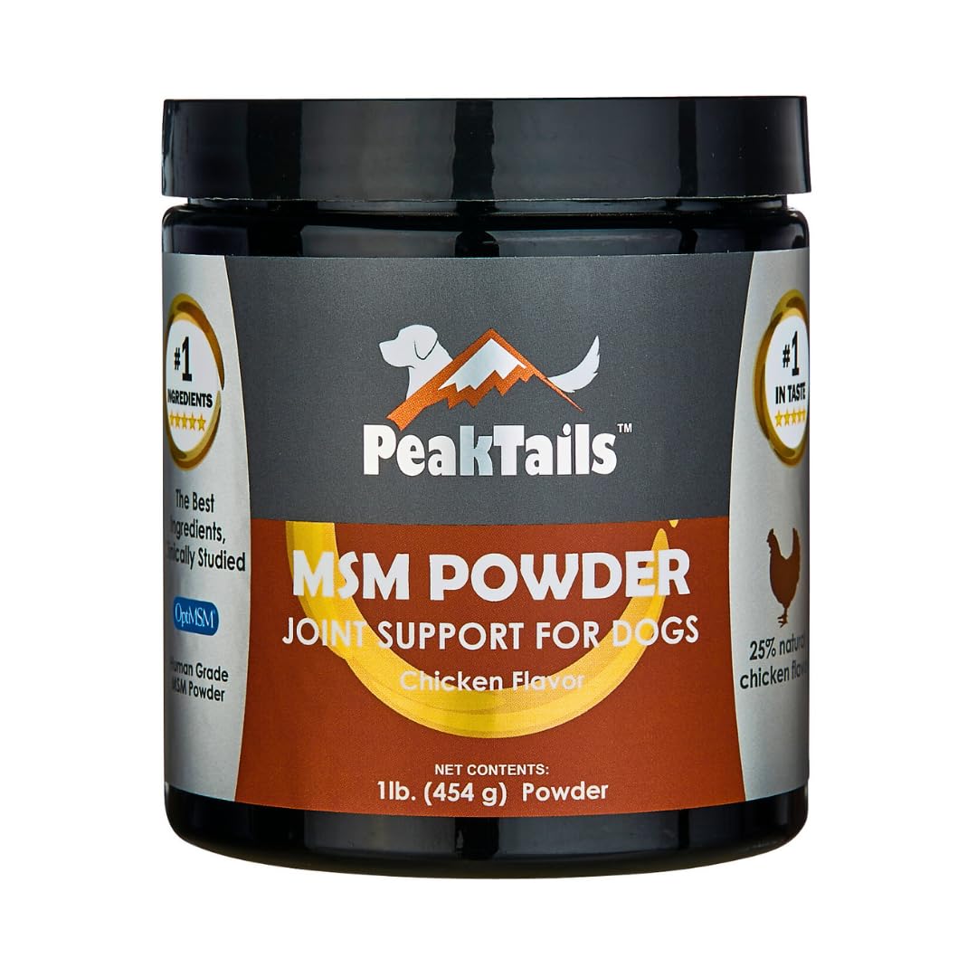 KALA HEALTH PeakTails MSM powder bottle highlights pure MSM for dogs' joint support.
