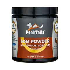 KALA HEALTH PeakTails MSM powder bottle highlights pure MSM for dogs' joint support.