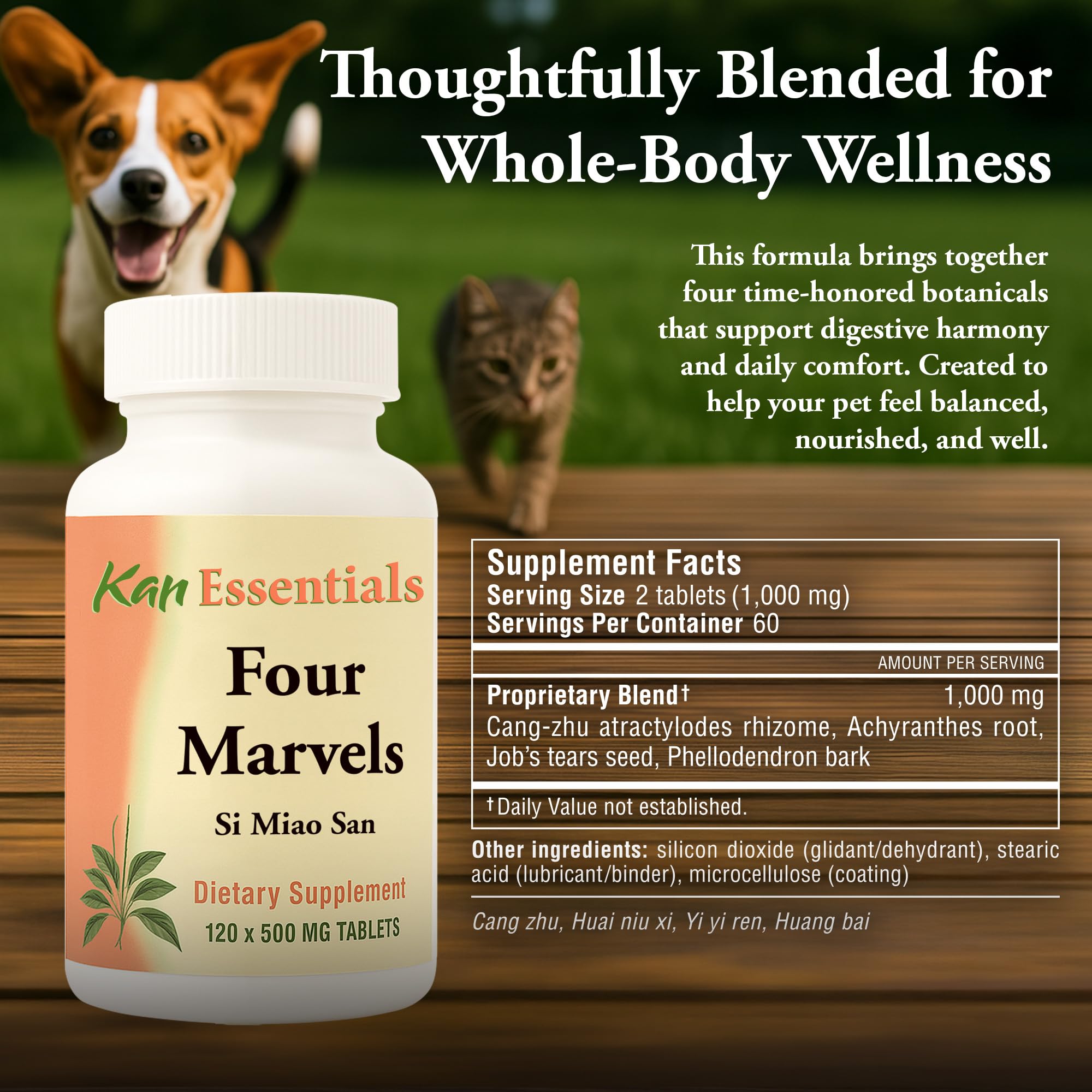 Dog using Kan Herb Four Marvels for daily wellness support.